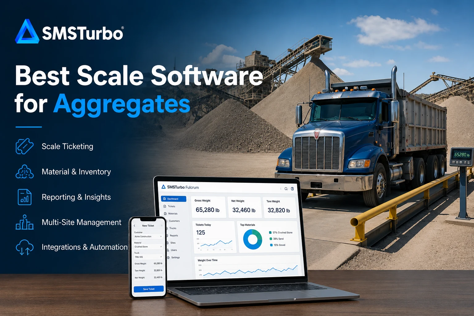 Aggregate truck on a scale using SMSTurbo scale software for ticketing and material management