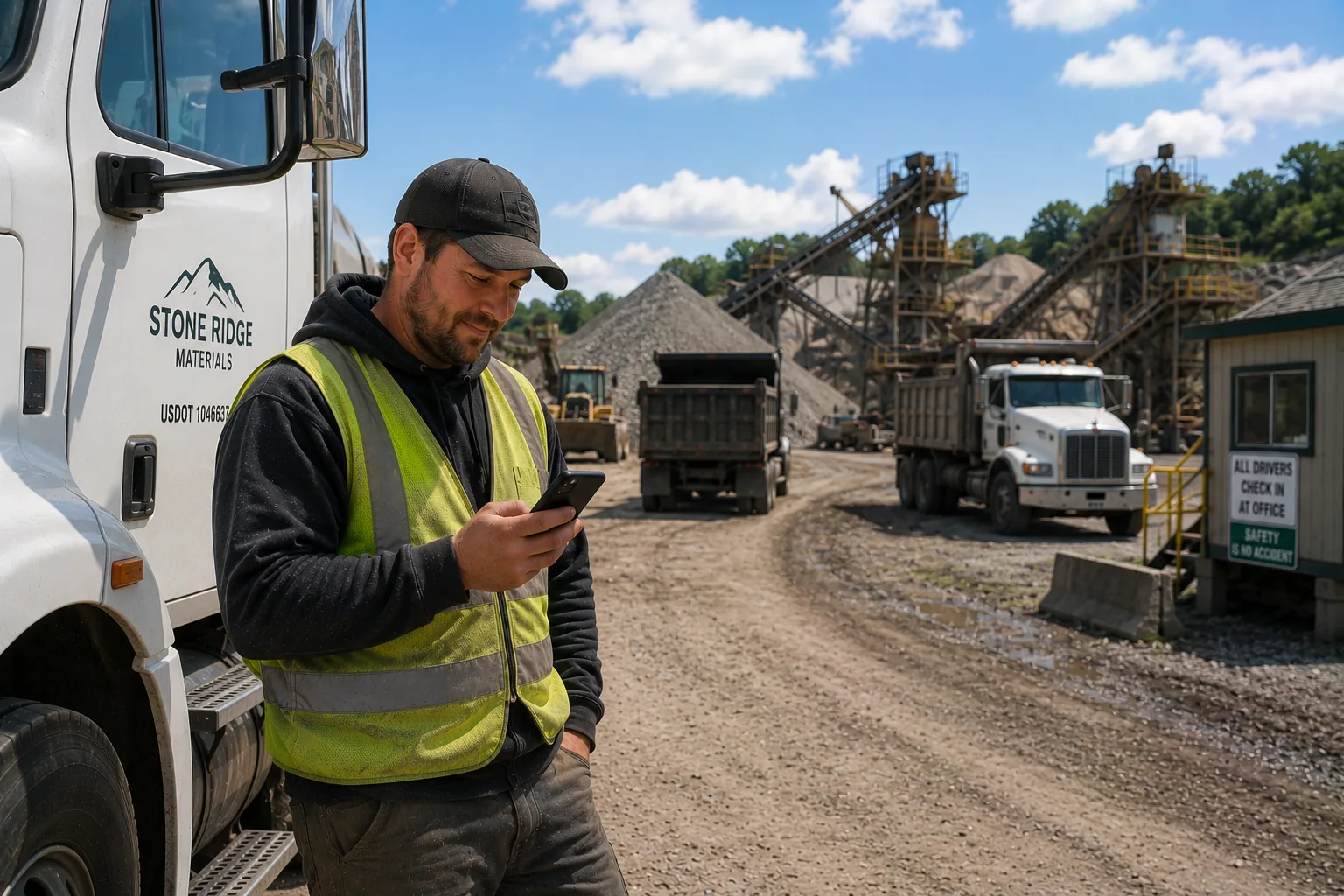 Truck driver using a mobile phone at a quarry site to instantly deliver digital scale tickets
