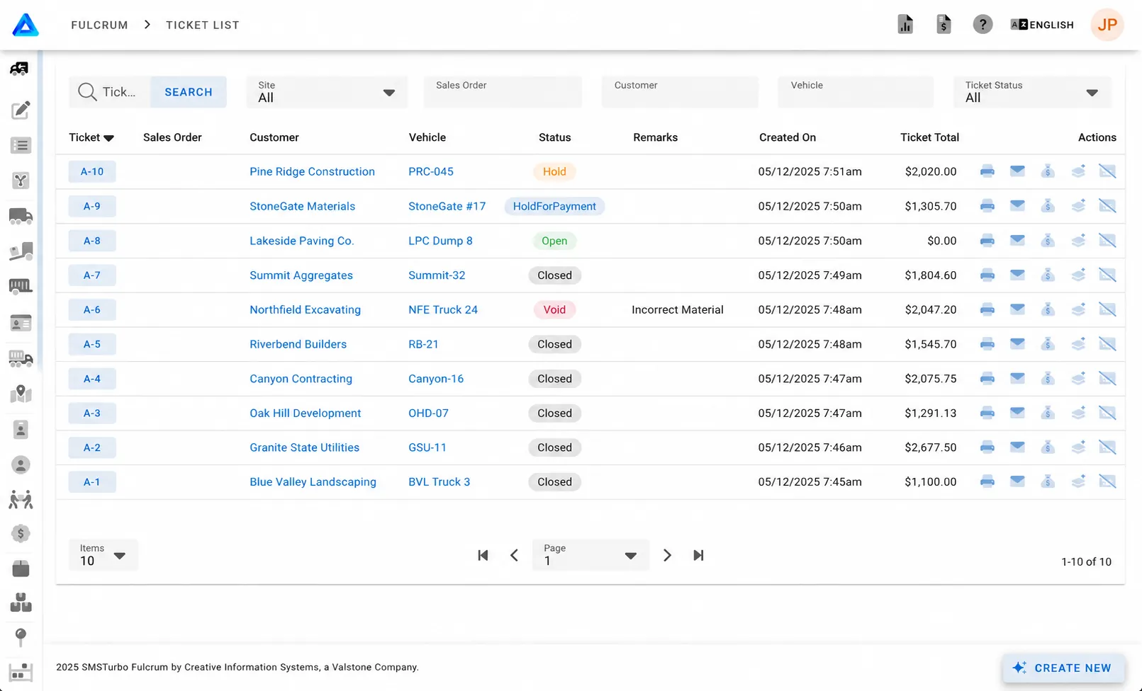 Digital scale ticket management dashboard showing truck scale tickets, customer data, and ticket statuses