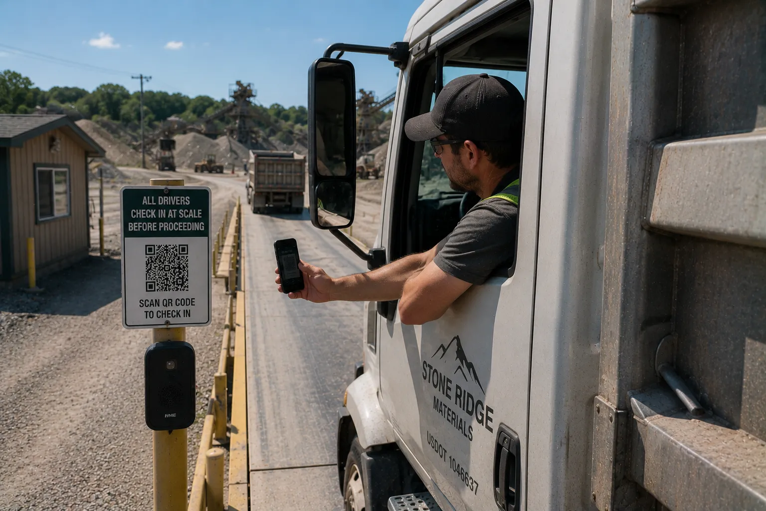 Truck driver scanning QR code at scale station to start check-in process
