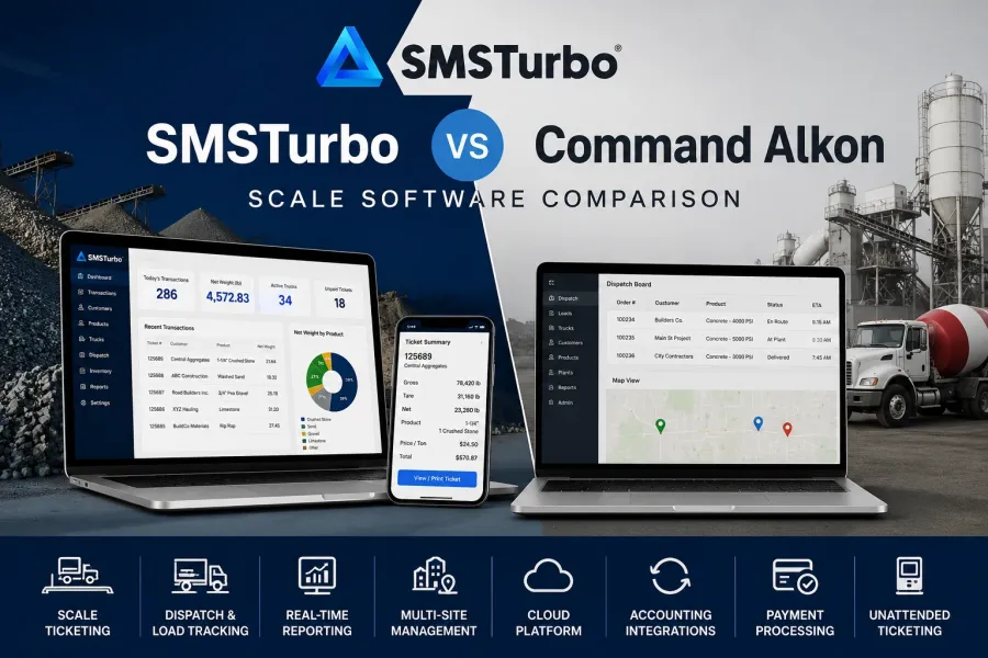 SMSTurbo vs Command Alkon scale software comparison for industrial scale ticketing and operations